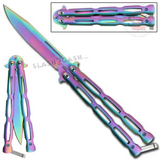 Chainlink Butterfly Knife w/ Cutouts Balisong - Titanium Rainbow