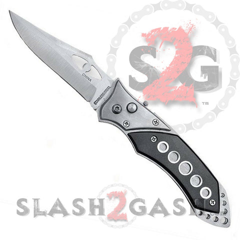 Vengence Silver Automatic Knife Black Inlay w/ Silver Eyelets and Saftey Lock