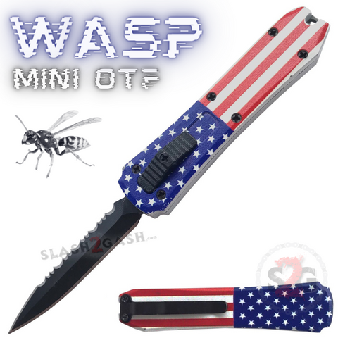 American Flag Cali Legal Mini Keychain OTF Knife Wasp Small Automatic Switchblade Serrated Dagger with Clip USA
