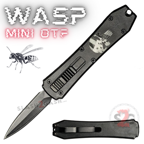 Wasp Mini OTF Knife Small Auto Switchblade Dagger - Punisher Black