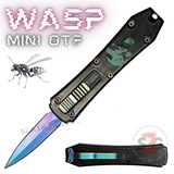 Mini Keychain OTF Knife Wasp Small Automatic Switchblade Dagger with Clip - Black Rainbow Titanium Punisher Skull California Legal
