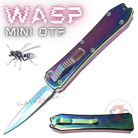 Mini Keychain OTF Knife Wasp Small Automatic Switchblade Dagger with Clip - Full Rainbow Titanium California Legal
