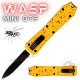 Mini Keychain OTF Knife Wasp Small Automatic Switchblade Dagger with Clip - Yellowjacket Blood Splatter California Legal