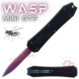 Mini Keychain OTF Knife Wasp Small Automatic Switchblade Dagger with Clip - Black Titanium Rainbow California Legal