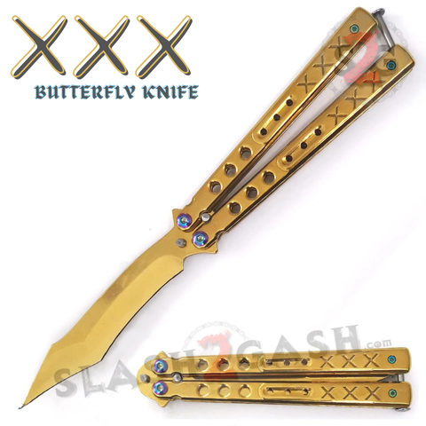 Gold Butterfly Knife SHARP Steel Balisong - XXX Recurve Blade Bat Wing
