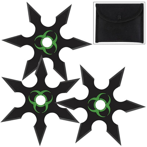 Biohazard Throwing Star Set Black & Green Zombie Shuriken 6 Point - 3PC Ninja Throwers