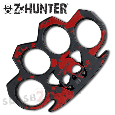 Z-Hunter Zombie Brass Knuckles Skull Paperweight - Black with Red Blood Splatter