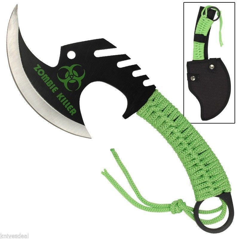 Skull Splitter Throwing Axe Green Zombie Killer Tomahawk w/ Sheath