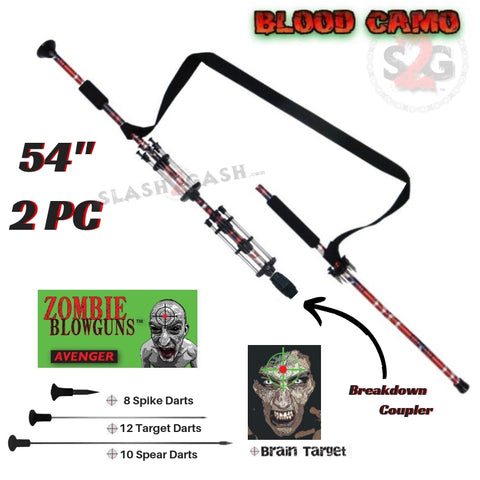 Zombie 54" Blowgun .40 cal LOADED w/ 30 Darts - 2PC Blood Red Camo - Avenger Blowguns USA