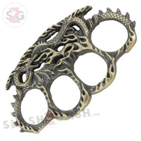 Enter the Dragon Flames Brass Knuckles Serpent Fantasy Paperweight - Antiqued Bronze
