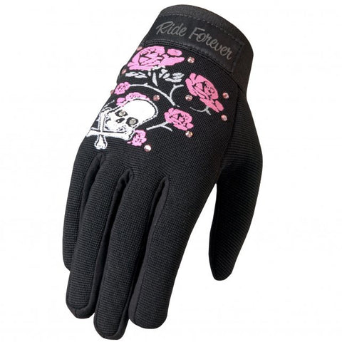 Hot Leathers Ladies Mechanics Gloves with Skull, Roses and Rhinestones