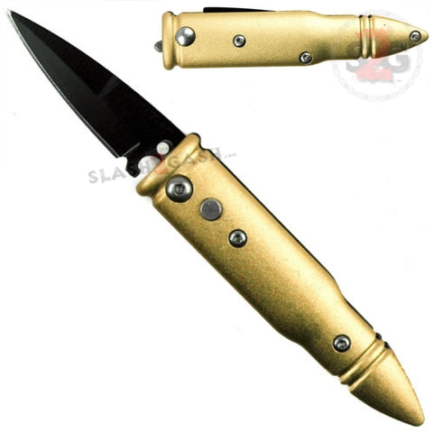 Mini Automatic Bullet Knife California Legal Switchblade w/ Safety Lock - Gold