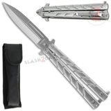 Twist Butterfly Knife w/ Clip - Silver Spear Point Balisong Dagger + Sheath