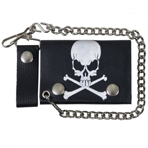 Hot Leathers Skull and Crossbones Leather Wallet w/ Chain American Made USA